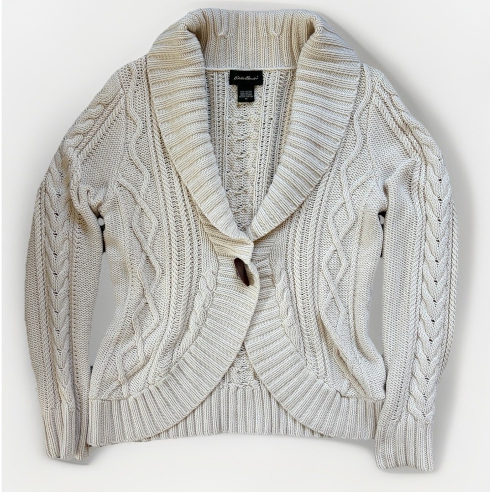 Eddie Bauer Womens Fisherman Cable Knit Cardigan Sz M Shawl Collar Grandpa Y2K